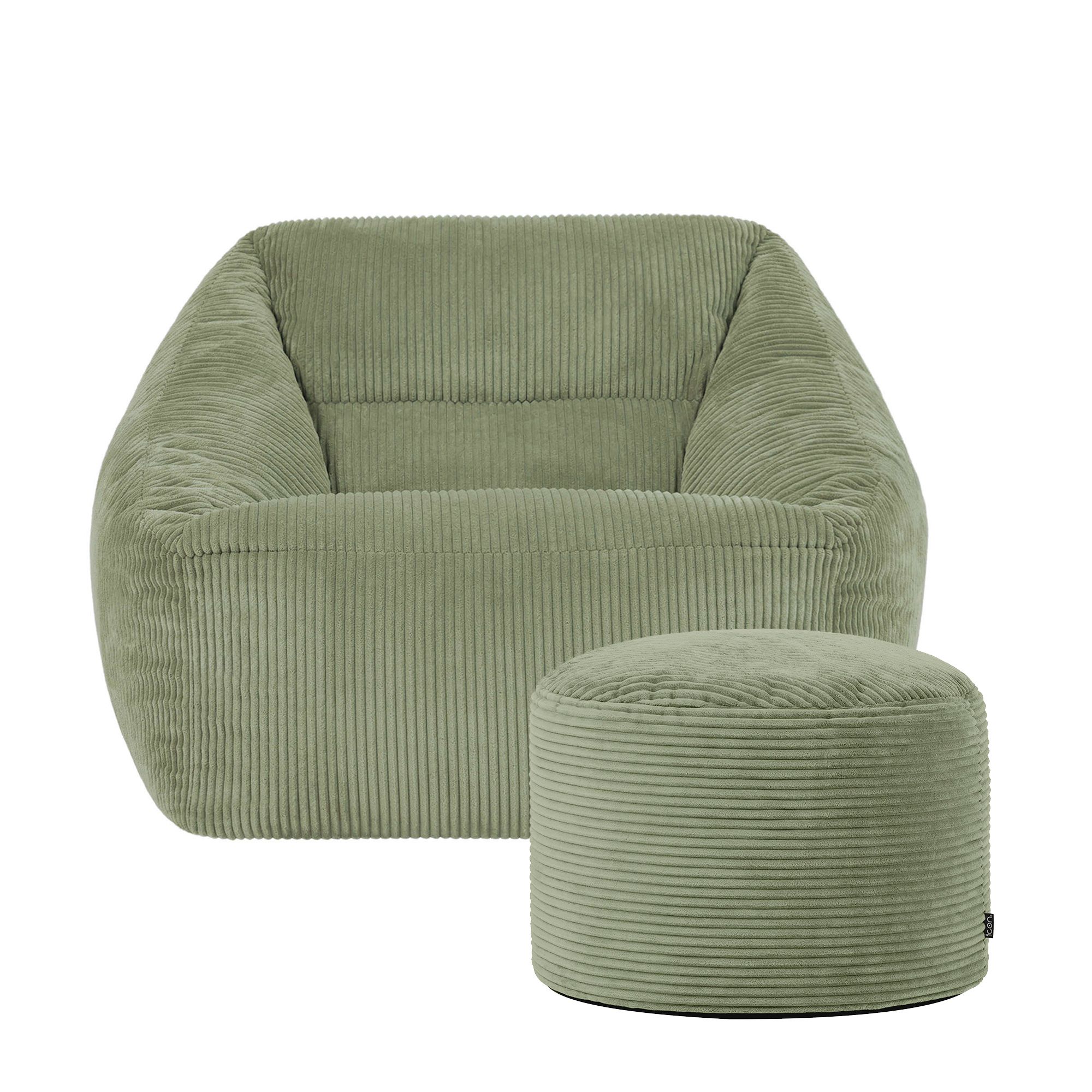 icon Corduroy Bean Bag Armchair & Round Beanbag Footstool in Green
