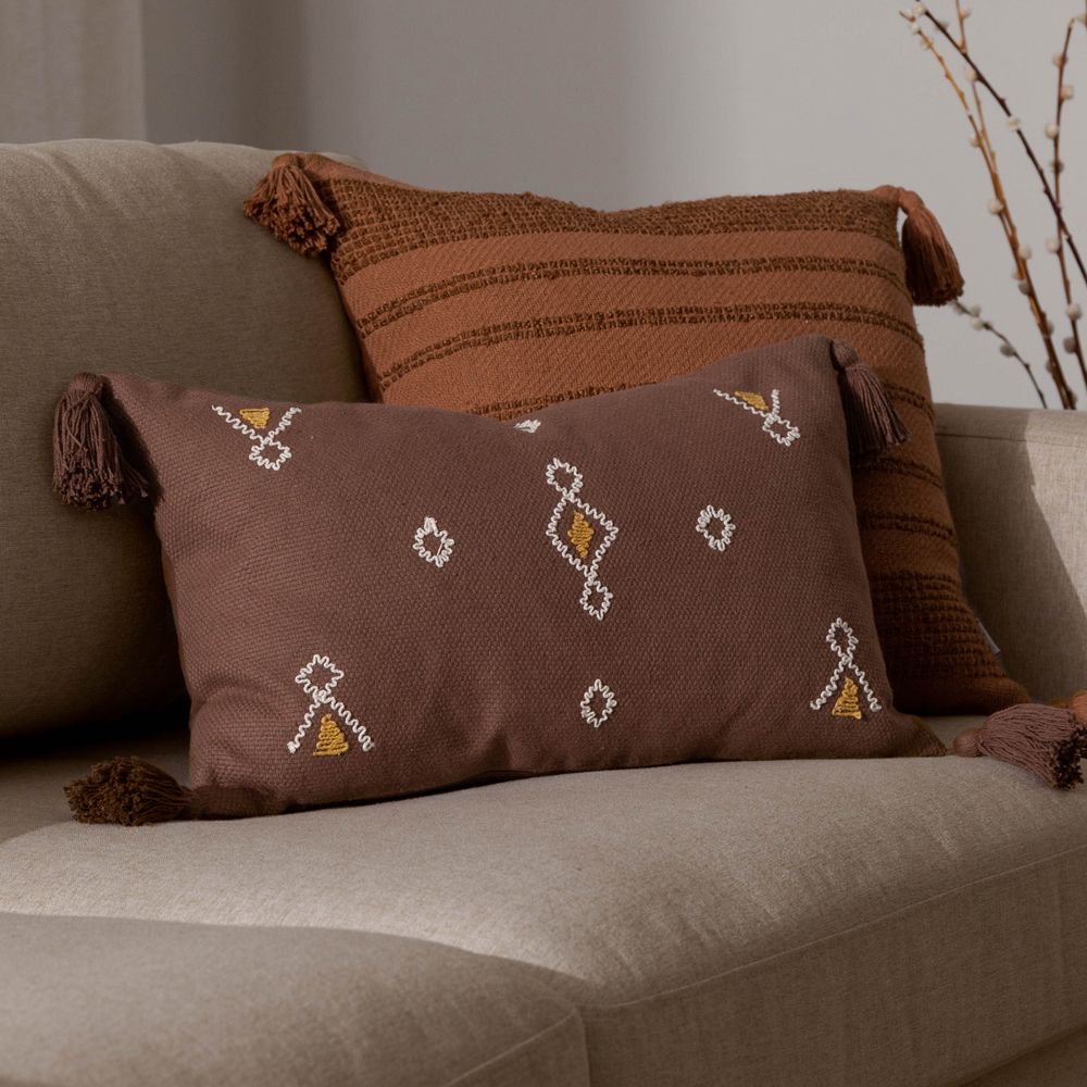 Furn Meare Embroidered 100% Cotton Cushion in Brown