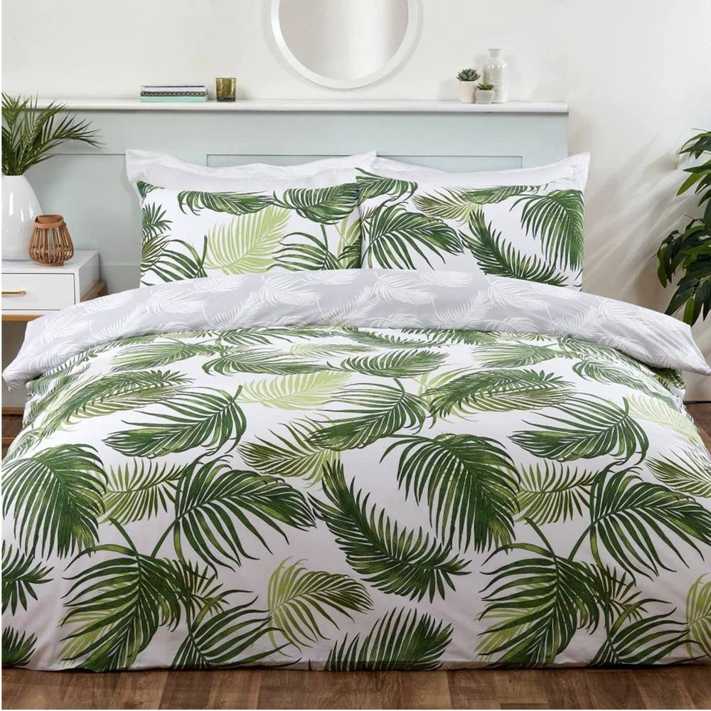 Smart Living Polycotton Floral Palm Print Reversible Duvet Cover With Pillowcase in Green