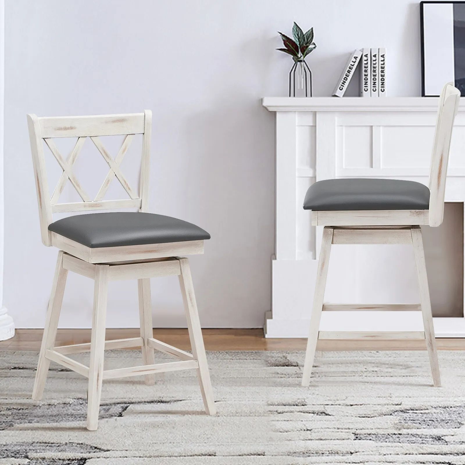 Costway Set of 2 Bar Stools Counter Height Chair Pub 360 °Swiveling Upholstered Seat 24" in White 3