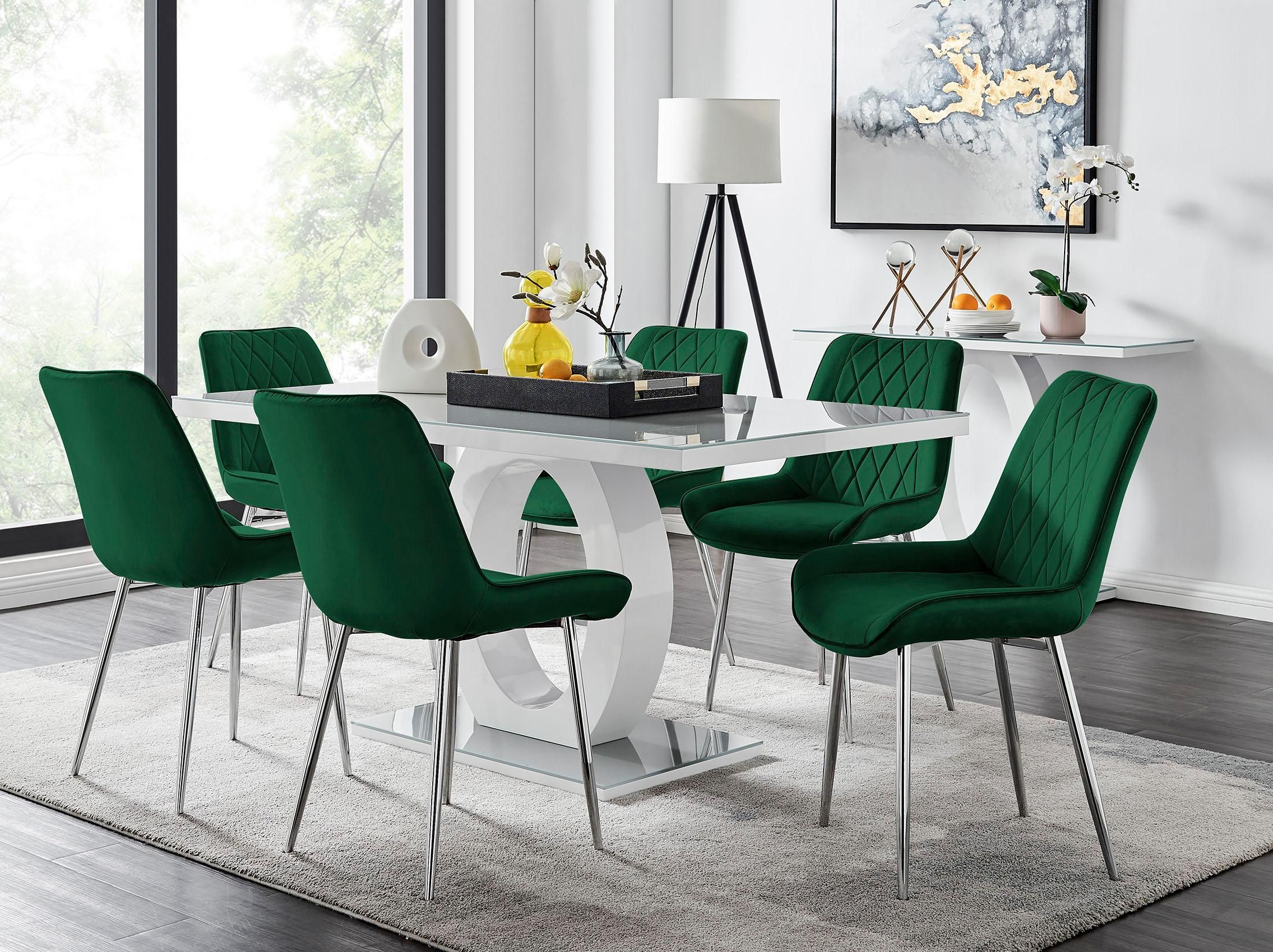 FurnitureboxUK Giovani 6-Seater Grey Glass Dining Table & 6 Pesaro Soft Velvet Dining Chairs in Green