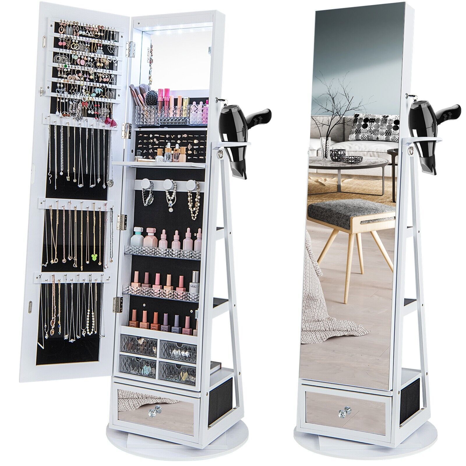Costway Floor Standing Swivel Jewelry Cabinet Lockable Jewelry Armoire w/ FullLength Mirror &Lights in White