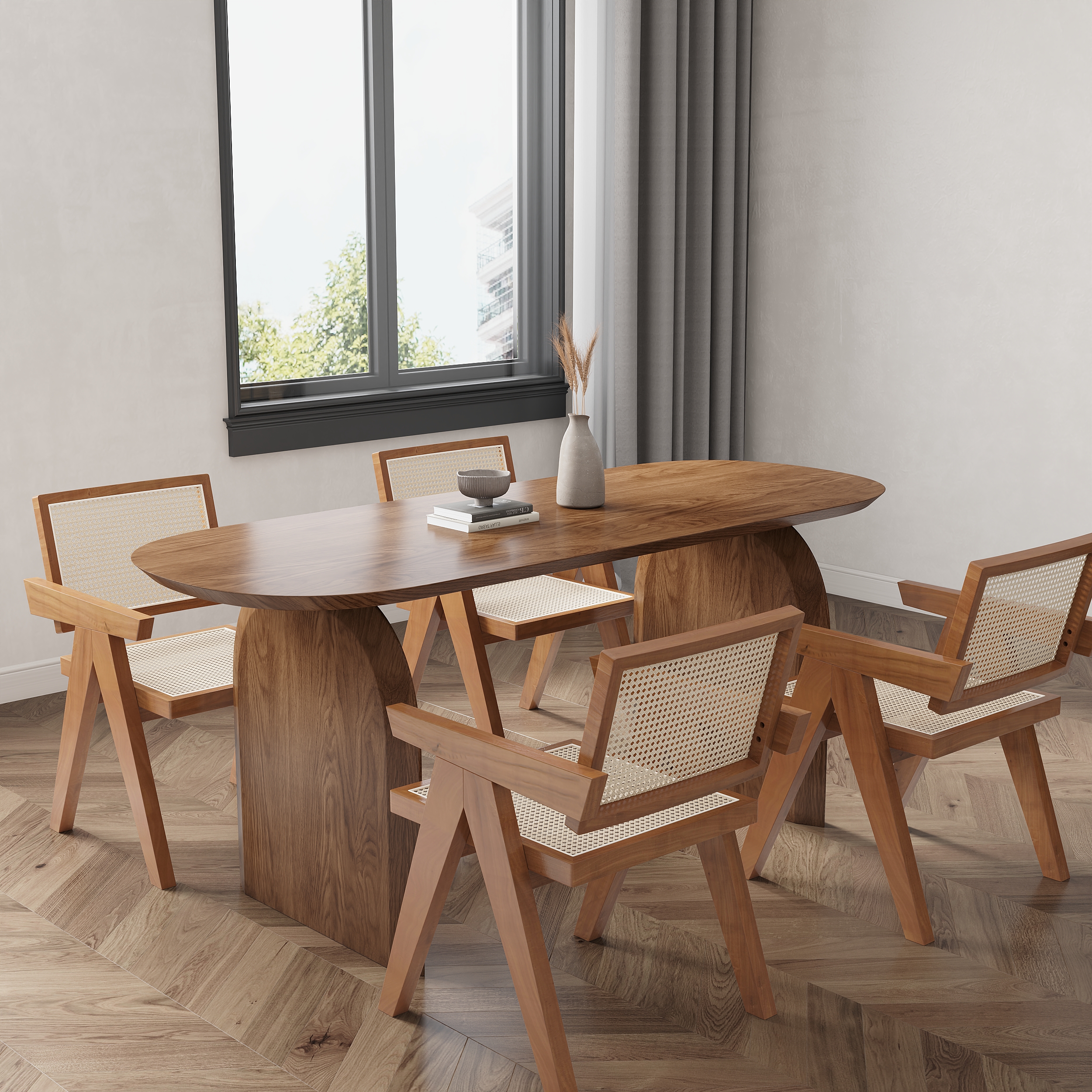 Dining Table Set 70.9" Oval Solid Wood Dining Table & 4 Walnut Japandi Rattan Dining Chairs