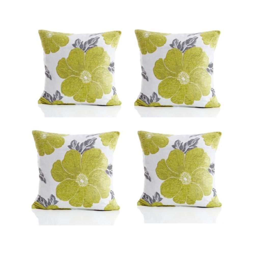 Luxury Living Poppy Chenille Cushions Set of 4 - Luxurious Floral Design, Thick Jacquard Fabric, Easy-Care with Wide Zip in Lime