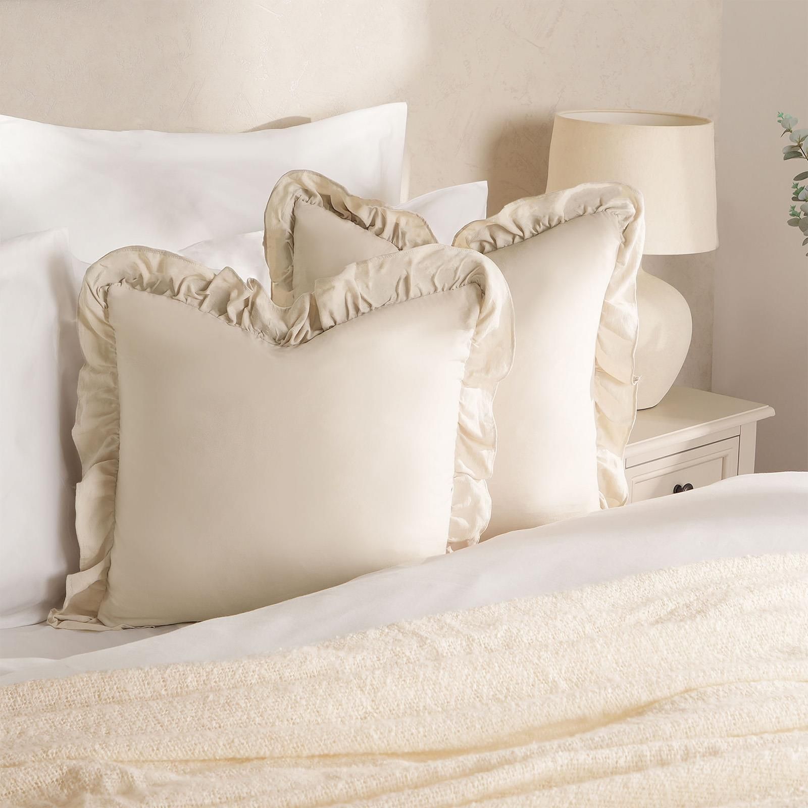 OHS 2 x Plain Faux Linen Frill Cushion Covers in Light Beige