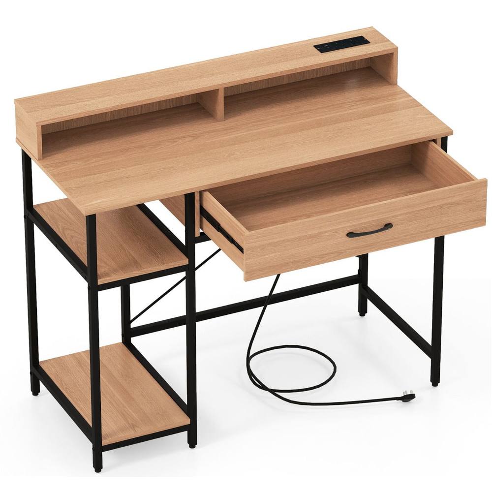 Costway Modern Computer Desk Office Writing Work Study Desk w/ Power Outlets in Natural