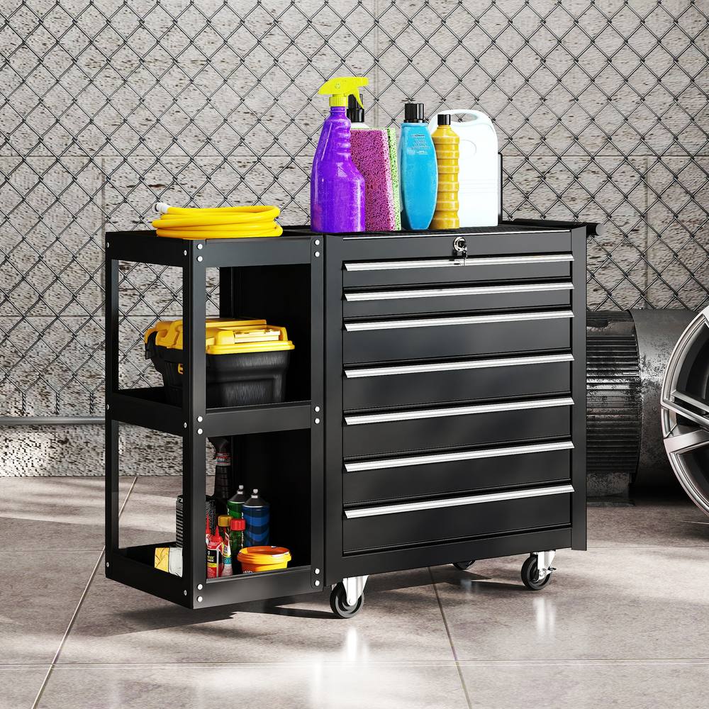 HOMCOM 7 Drawer Lockable Steel Tool Chest on Wheels for Workshop, Black