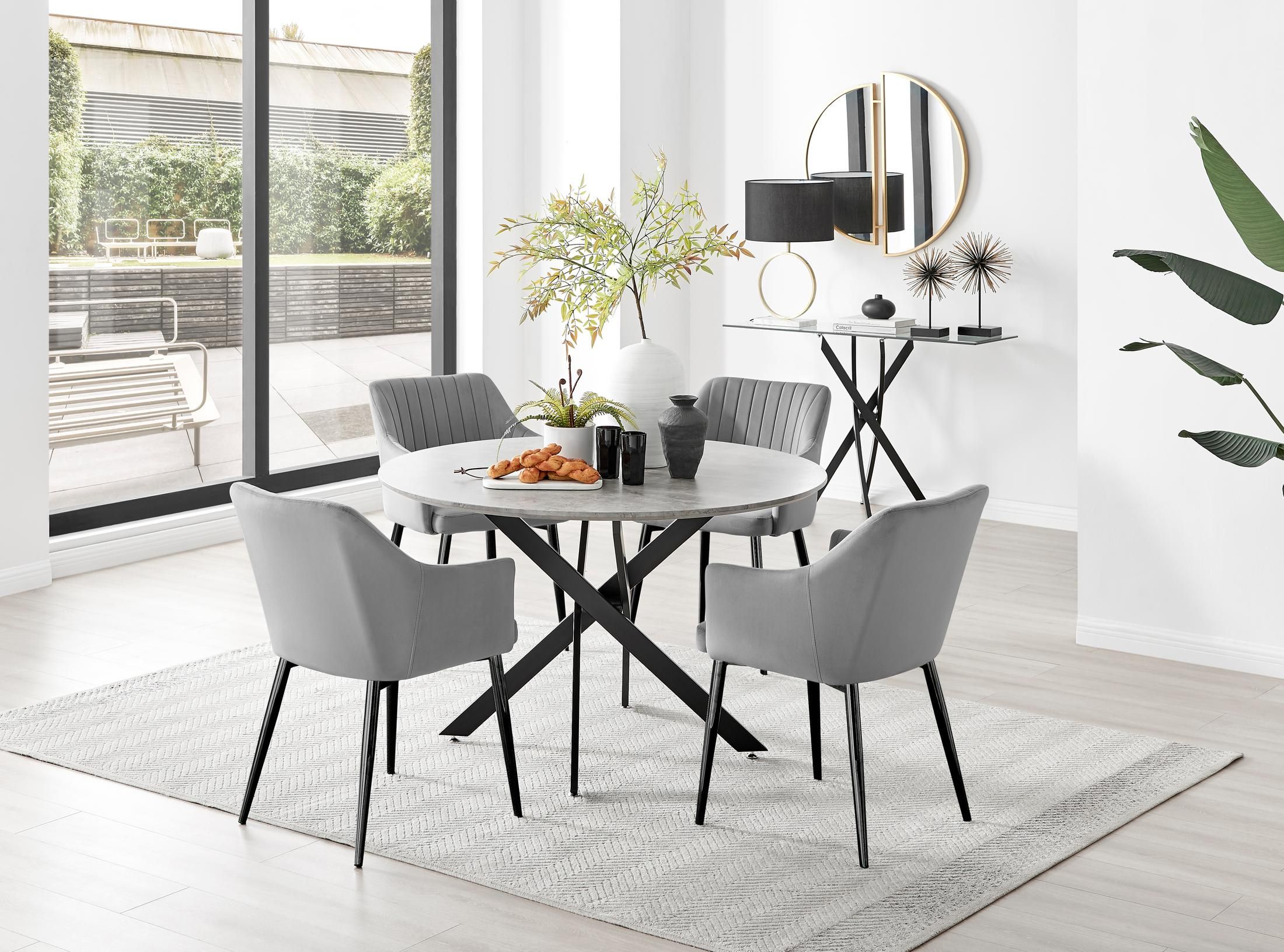 FurnitureboxUK Novara Grey Concrete Effect Black Leg 120cm Round Dining Table & 4 Calla Black Leg Chairs
