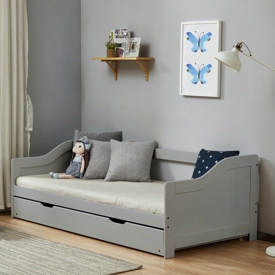 Tupelo Wooden Single Bed In Grey With Pull Out Trundle
