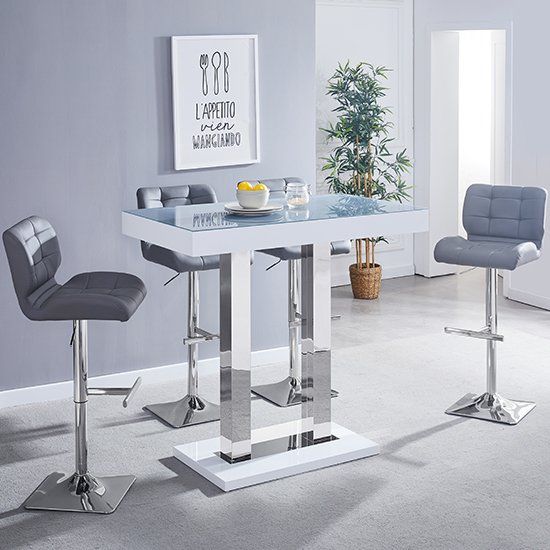 Caprice White Grey Glass Bar Table With 4 Candid Grey Stools
