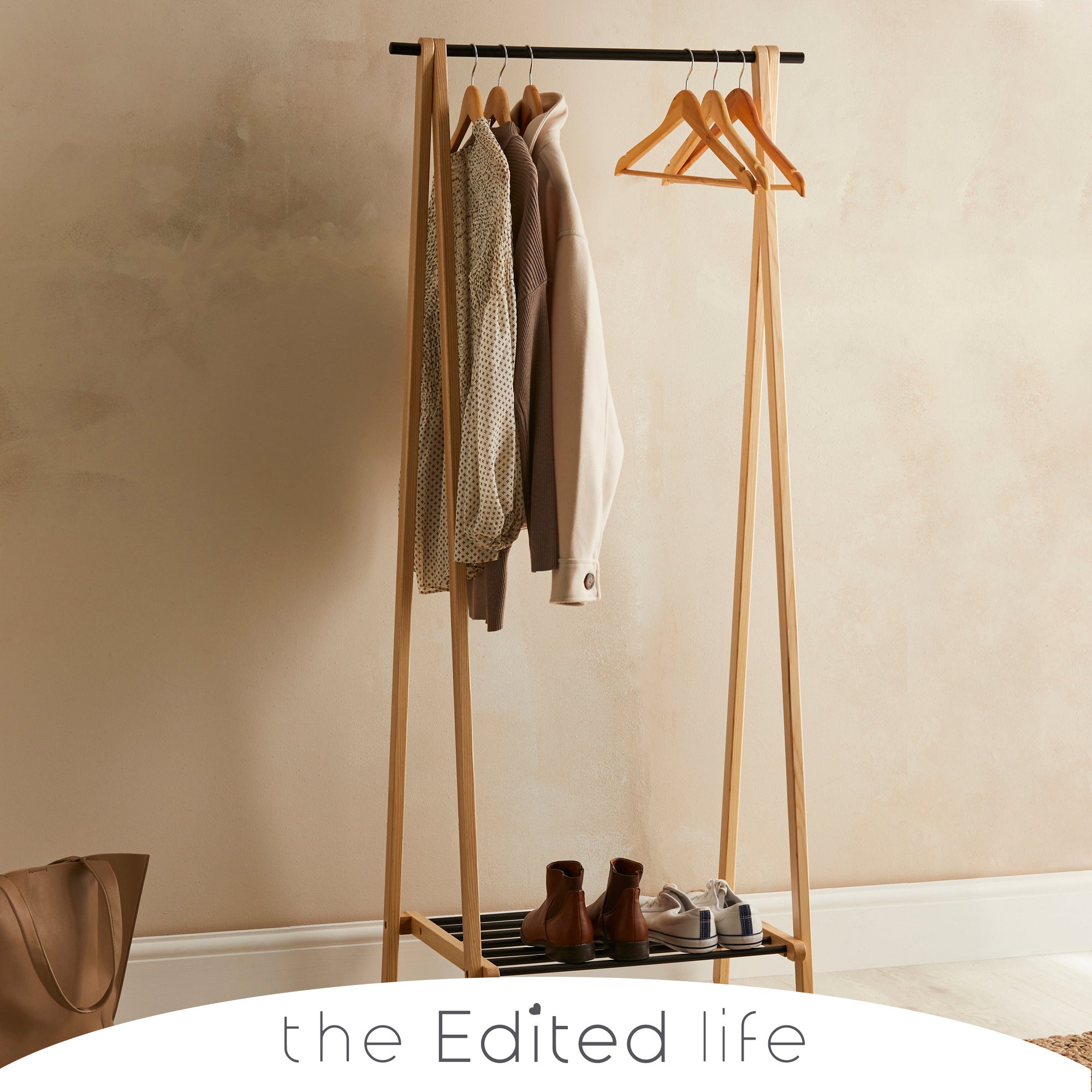 Ash Wood Clothes Rail with Storage Shelf Natural (Brown)
