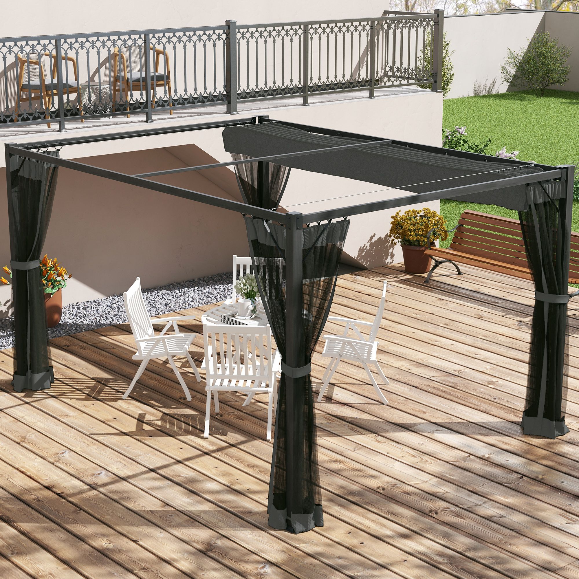 OUTSUNNY Pergola with Retractable Roof & Netting, Dark Grey