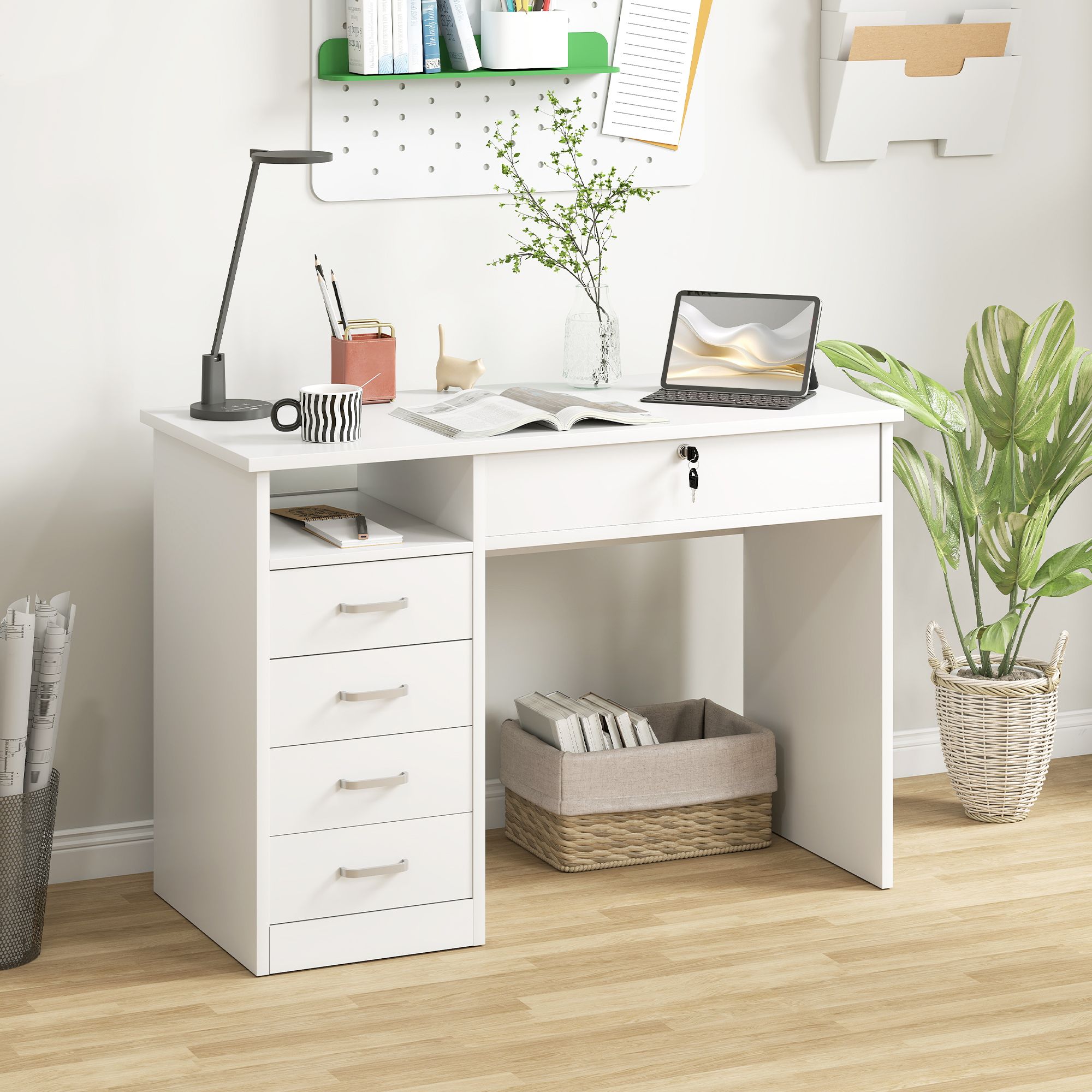 HOMCOM Computer Desk Writing Desk with Five Drawers for Home Office in White 1