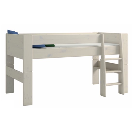 Pathos Wooden Mid Sleeper Bed In White Wash With Ladder