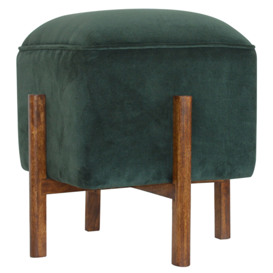 Clarkia Velvet Footstool In Emerald Green With Solid Wood Legs