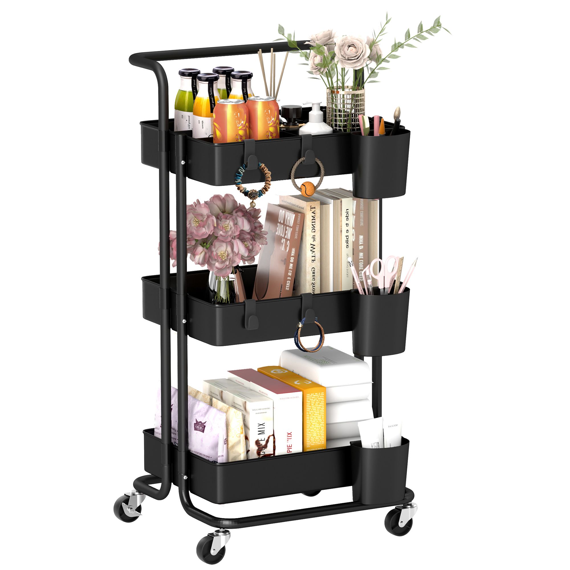 HOMCOM 3-Tier Utility Cart, Serving Trolley with Mesh Baskets Removable in Black 2