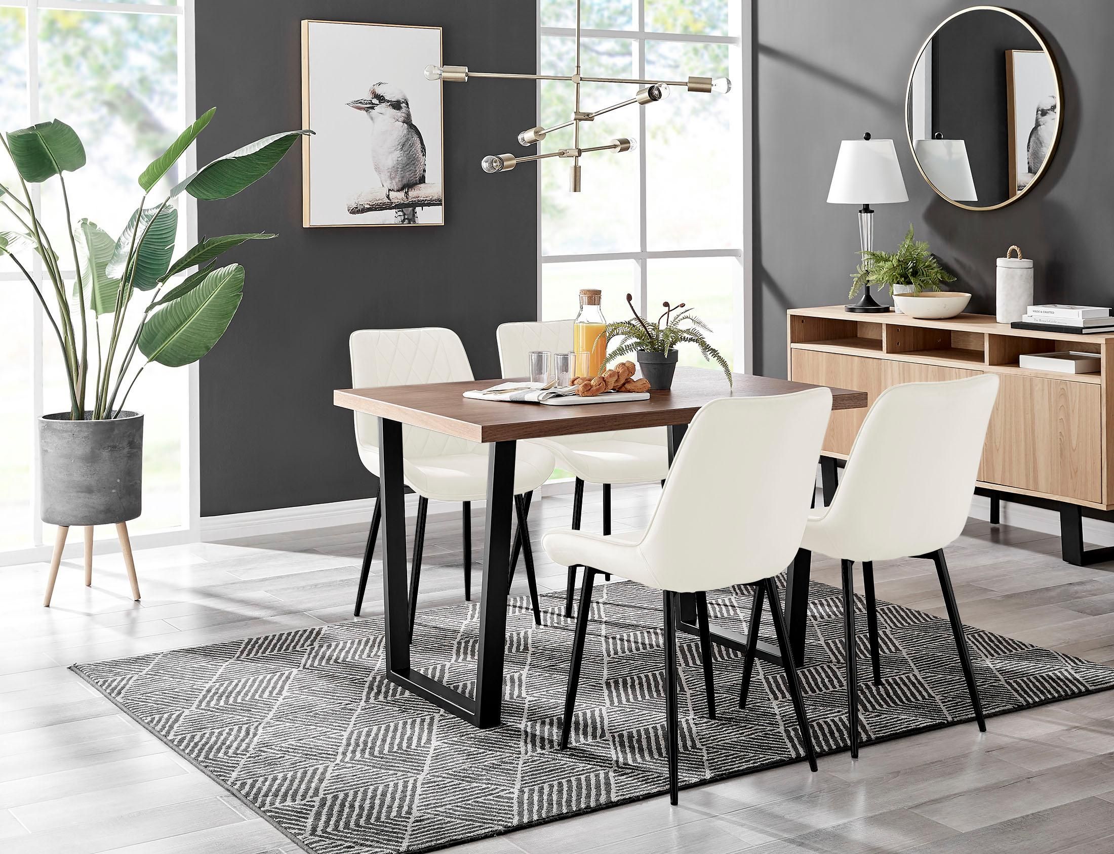 FurnitureboxUK Kylo Brown Wood Effect Dining Table With Black 'U' Legs & 4 Pesaro Velvet Chairs in Cream