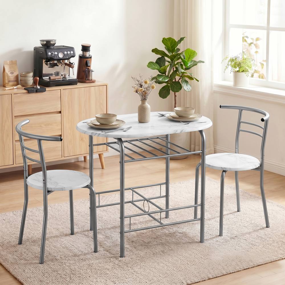 HOMCOM Breakfast Bar Table & Stools Set, Dining Room Set with Shelf in White