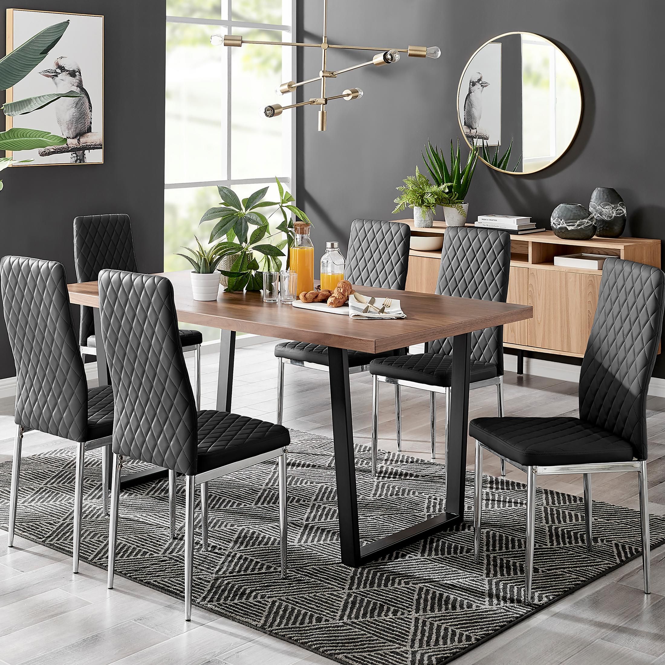 FurnitureboxUK Kylo Large Brown Wood Effect Dining Table & 6 Milan Chrome Leg Faux LeatherChairs in Black