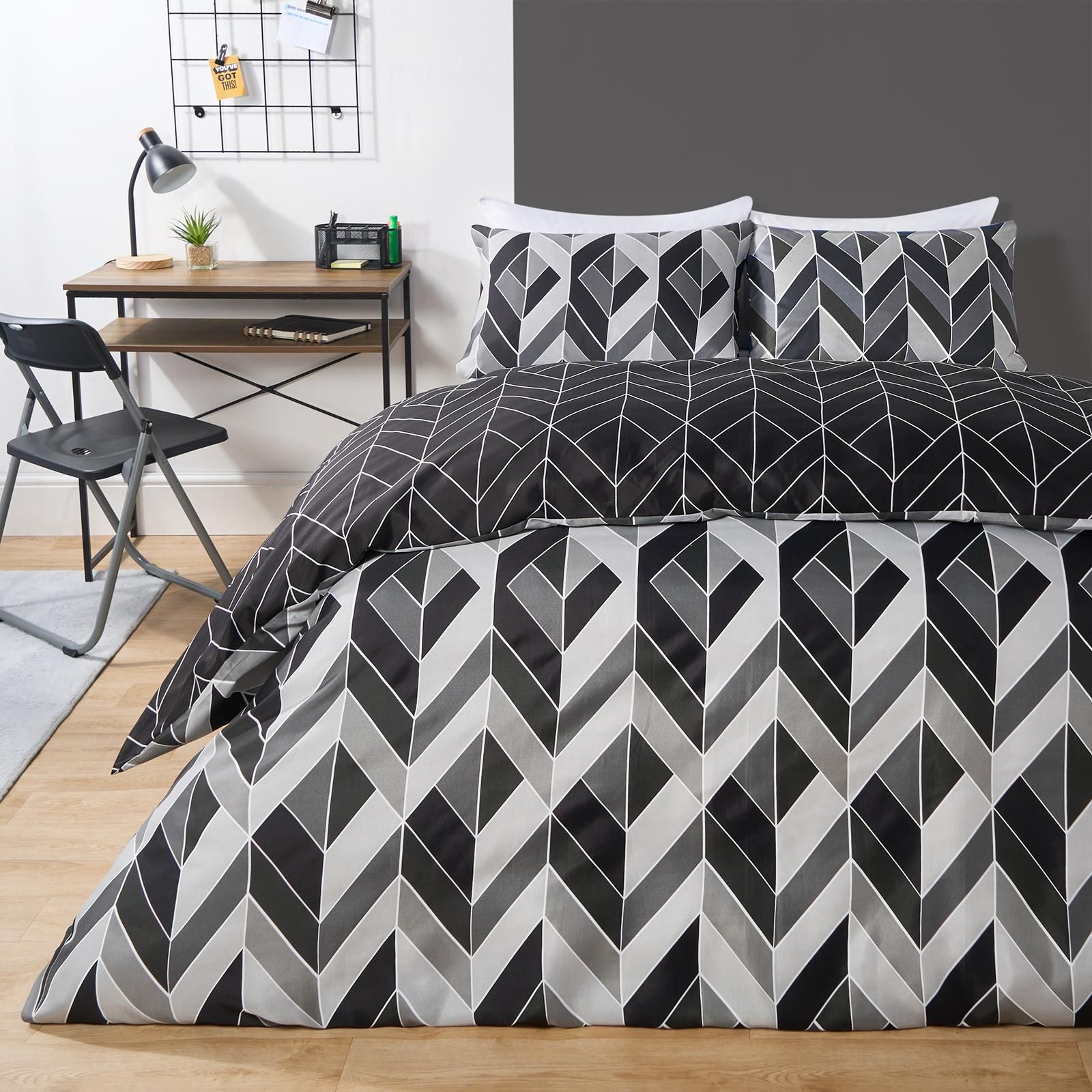 OHS Geo Duvet Cover Bedding Set Pillowcase Reversible Quilt Soft Chevron in Light Grey
