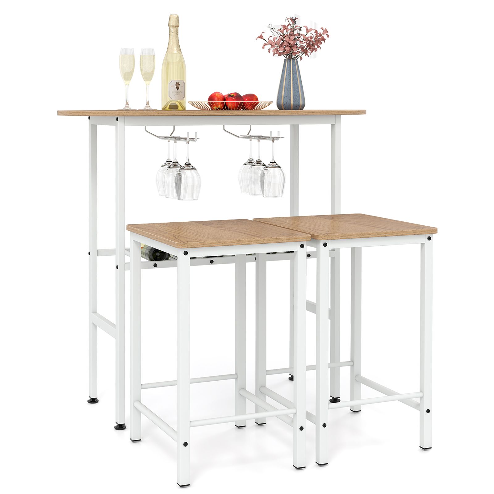 Costway 3 Piece Counter Height Table Set Oval Dining Table & 2 Stools in Natural