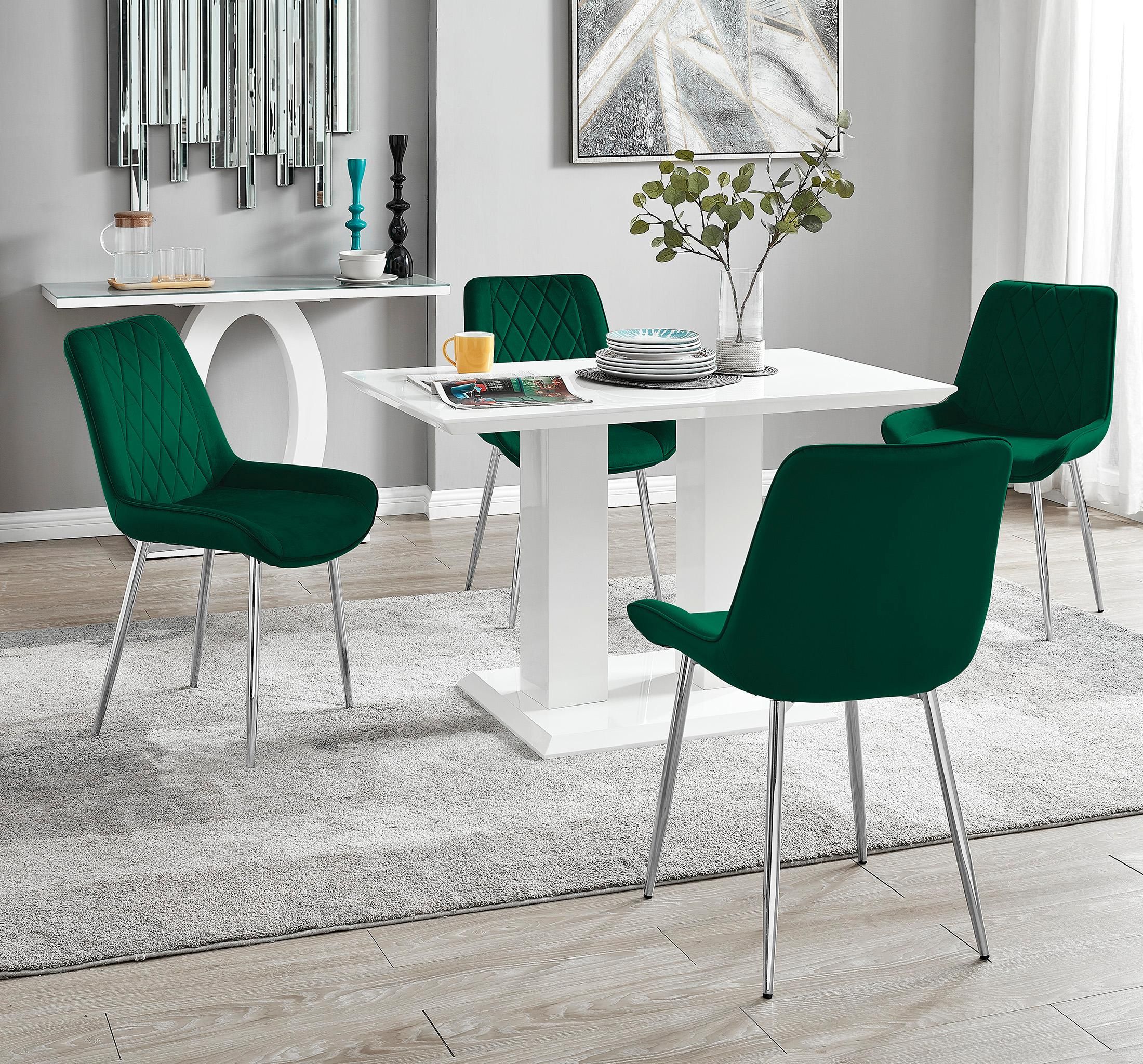 FurnitureboxUK Imperia 4 Seater Modern White High Gloss Rectangular Dining Table & 4 Persaro Velvet Chairs in Green