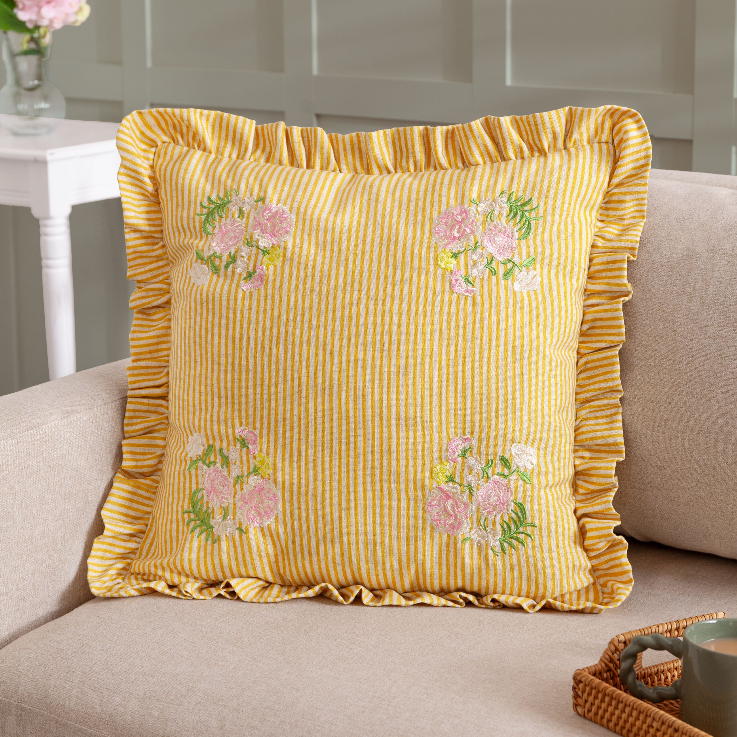 Wylder Martha Embroidered Ruffle Cushion in Yellow