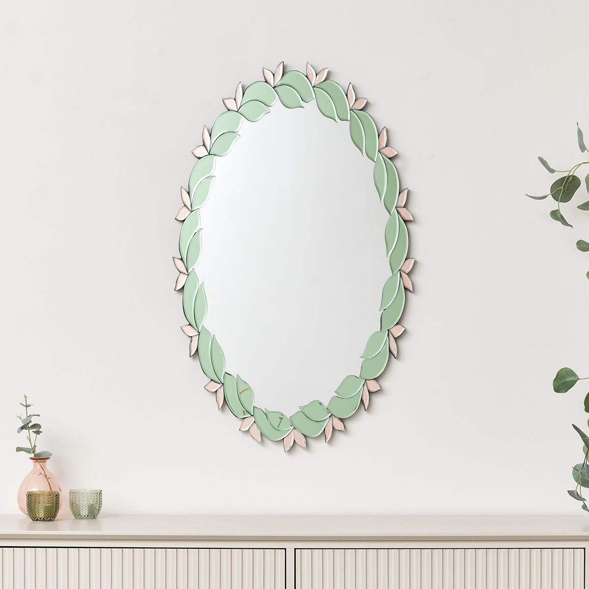 Melody Maison Pink & Green Oval Floral Art Deco Wall Mirror 80cm X 49cm
