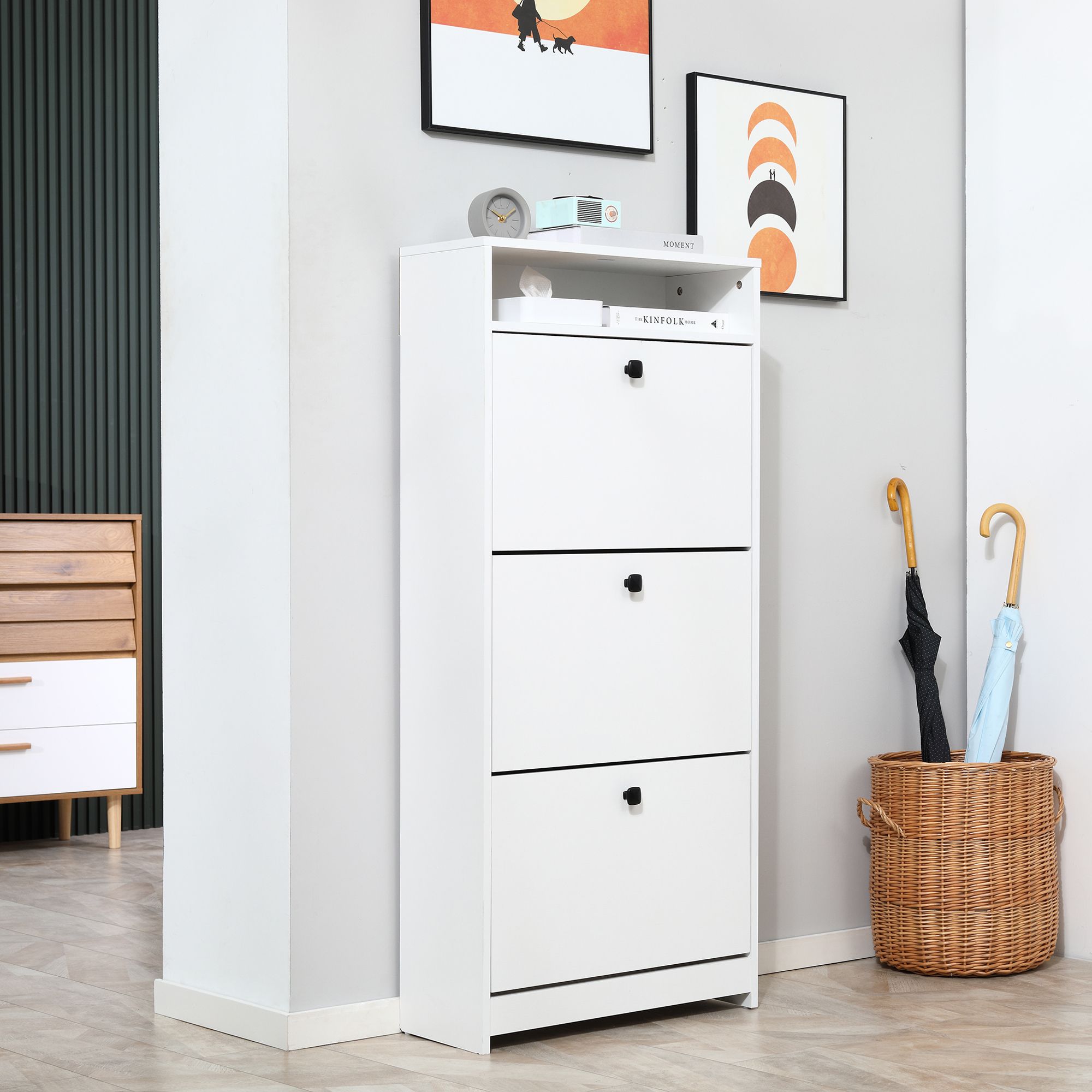 HOMCOM Shoe Storage Cabinet Footwear Rack Organiser with 3 Flip up Drawers in White