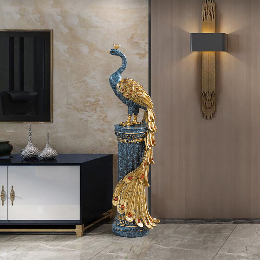 700mm Large Glam Peacock Floor Sculpture Decor Art Living Room Bedroom in Blue & Gold