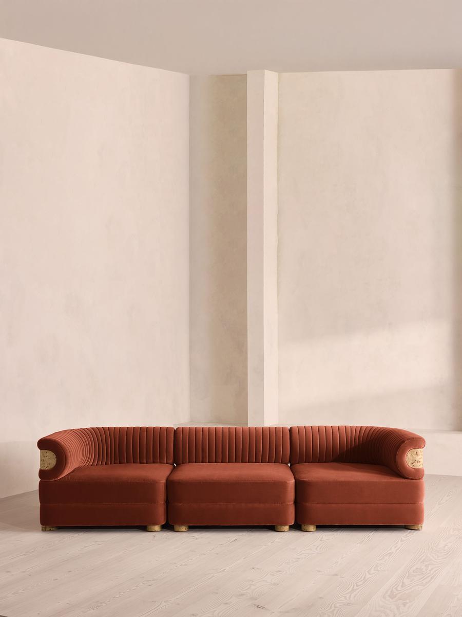 Caleb Modular Four Seater Sofa, Velvet, Rust, Blonde Burl