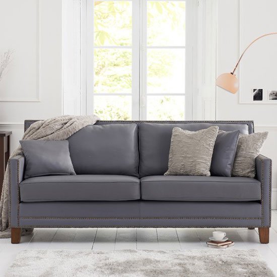Cabolt 3 Seater Sofa In Grey Leather With Dark Ash Legs