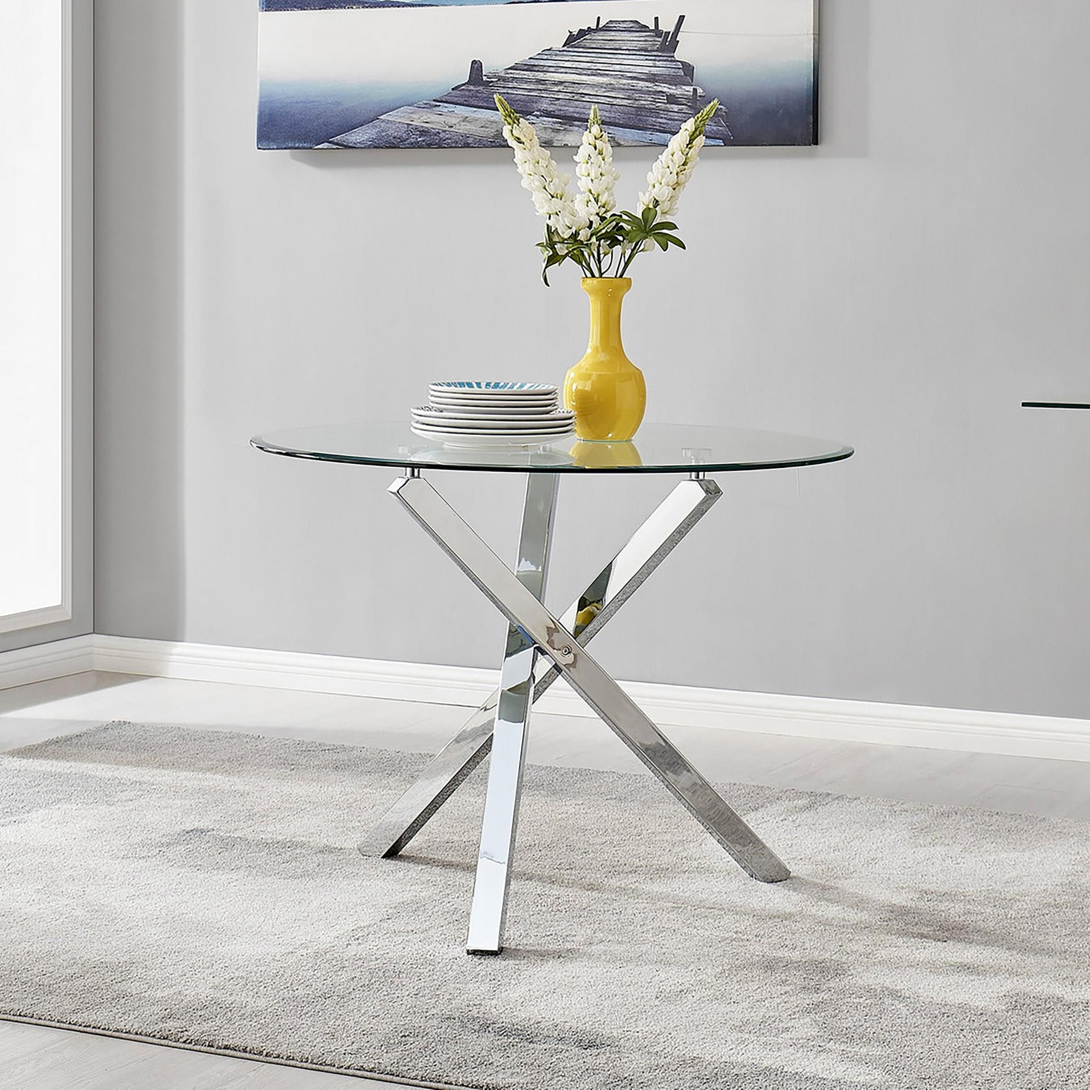 FurnitureboxUK Selina 100cm 4-Seater Striking Round Glass & Chrome Dining Table With Square Legs in Silver