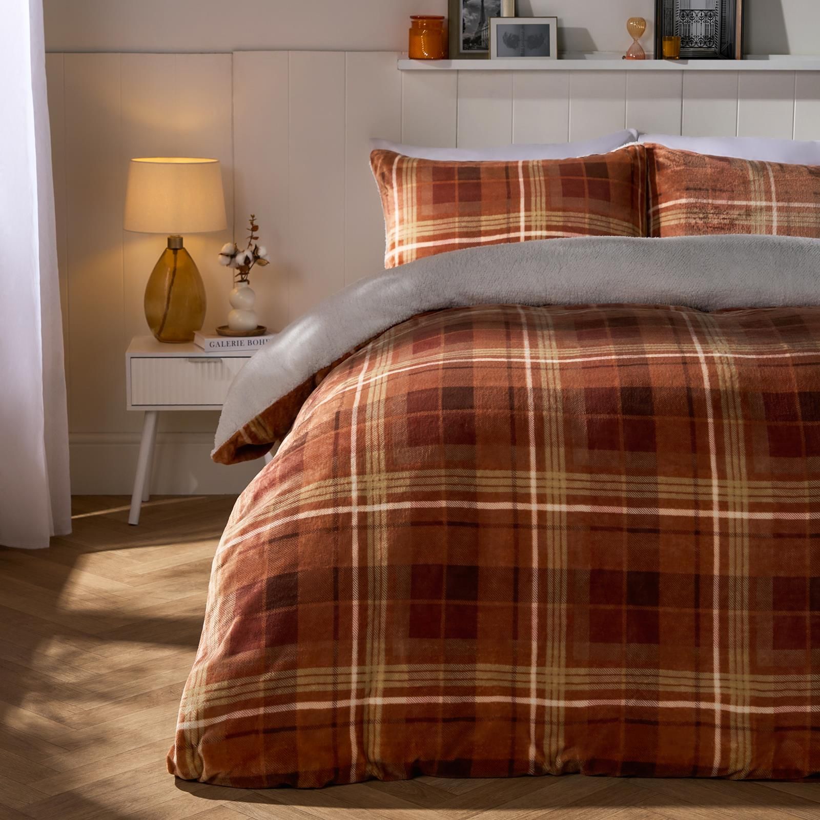 OHS Autumn Check Sherpa Fleece Thermal Duvet Cover Bedding Set in Burnt Orange
