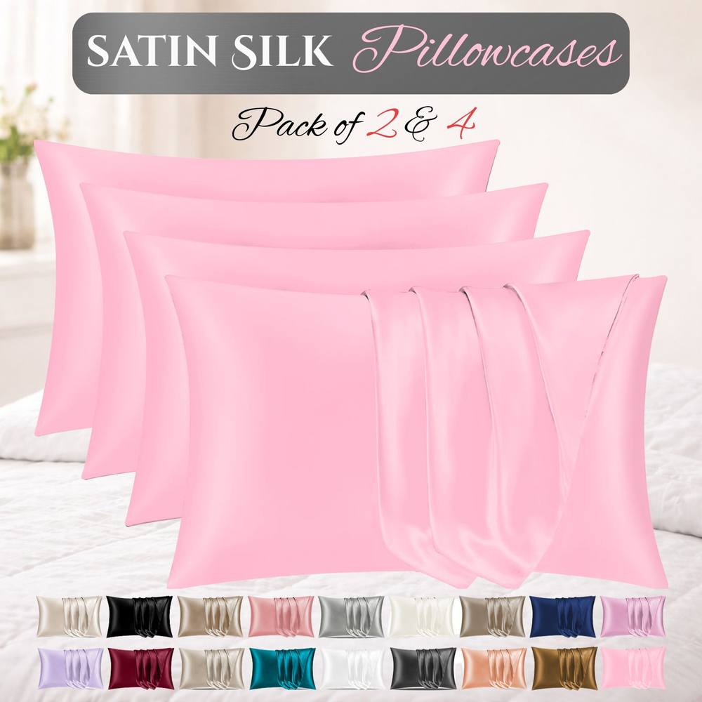 Grace Satin Silk Pillow Cases Pack of 4 Super Soft Smooth Pillow Covers in Pink