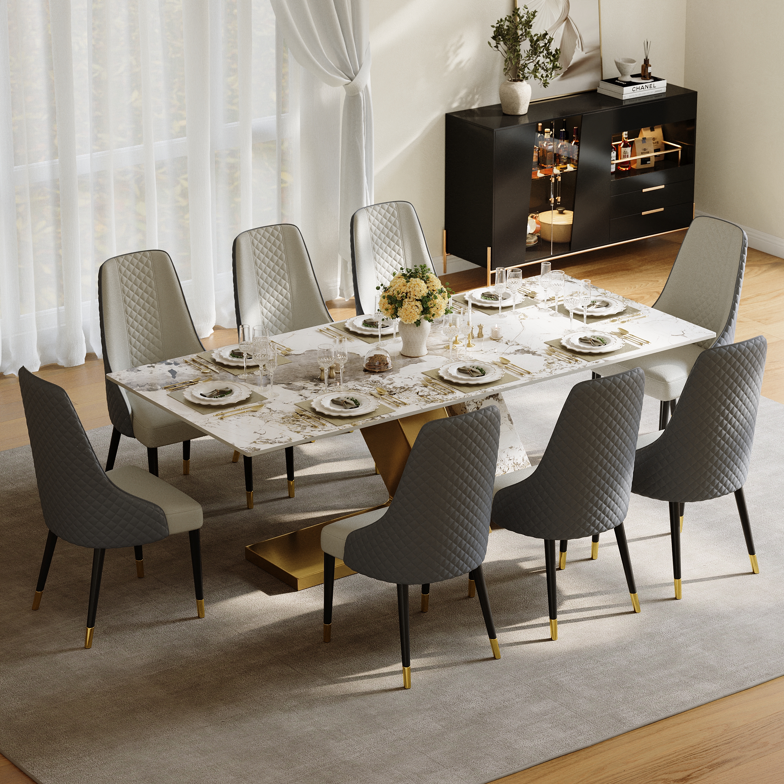 Modern 2200mm Rectangle Sintered Stone Dining Table with 8 Chairs in Gold