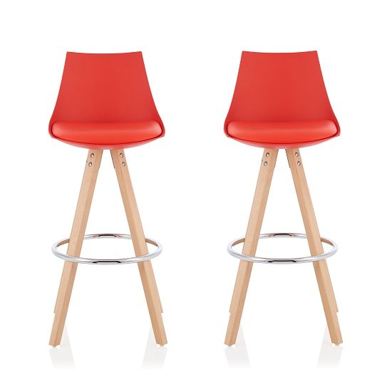 Kenzie Bar Stools In Red Faux Leather Seat Pad In A Pair
