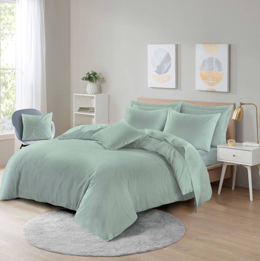 Homes-Linen Plain Dyed Polycotton Duvet Cover Set with Pillowcases in Duck Egg Blue