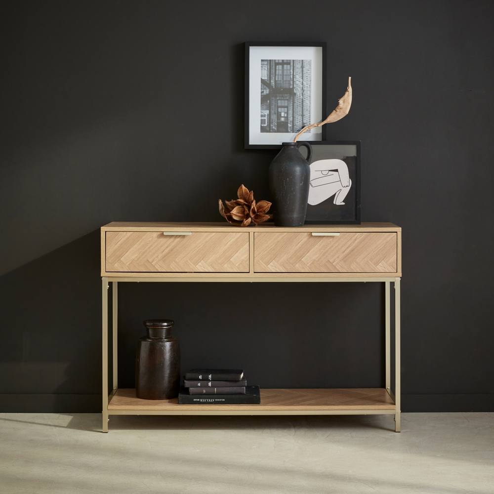 sweeek 110cm Herringbone Console Table With 2 Drawers in Light Brown