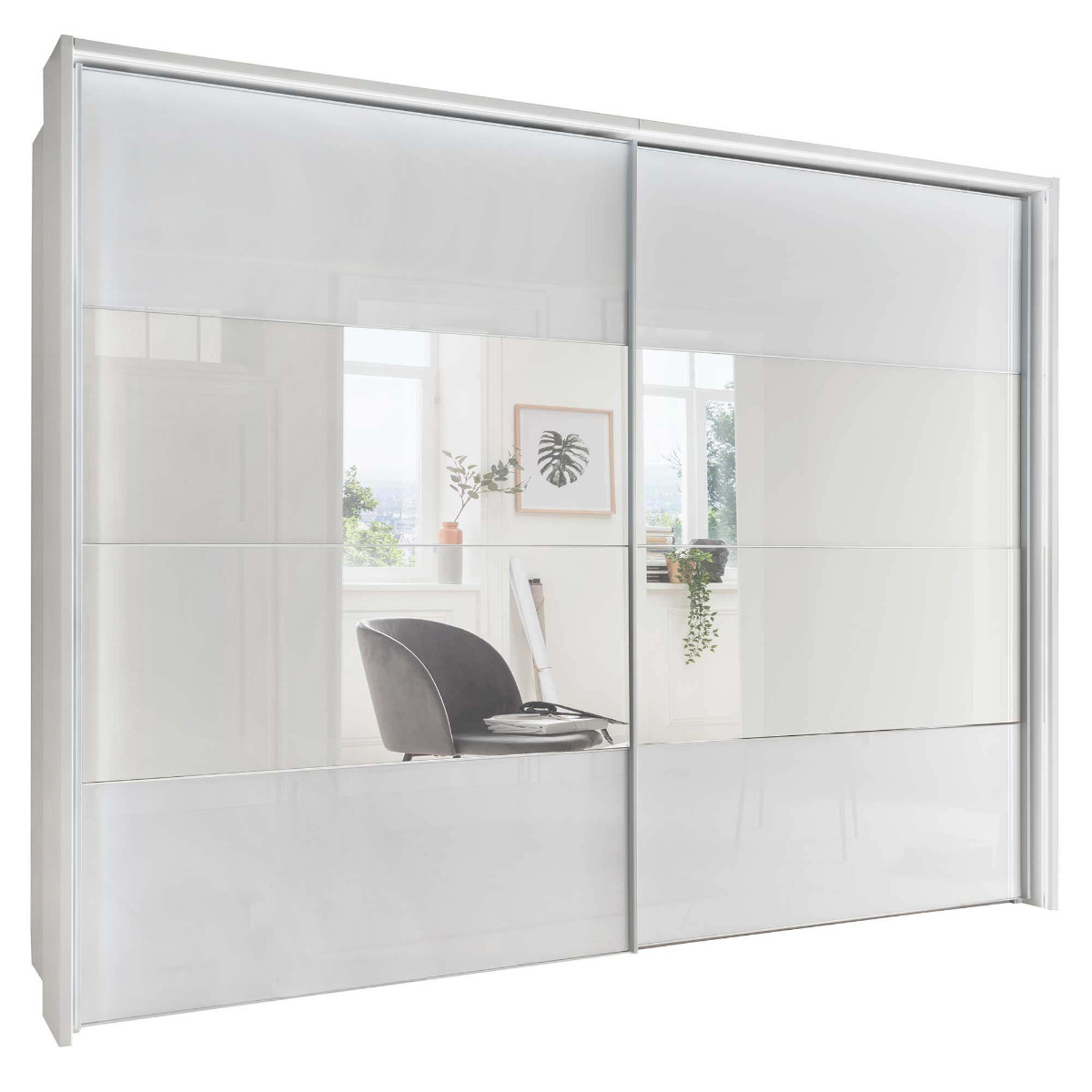 Riga 2 Door Sliding Wardrobe, White Glass and Mirror