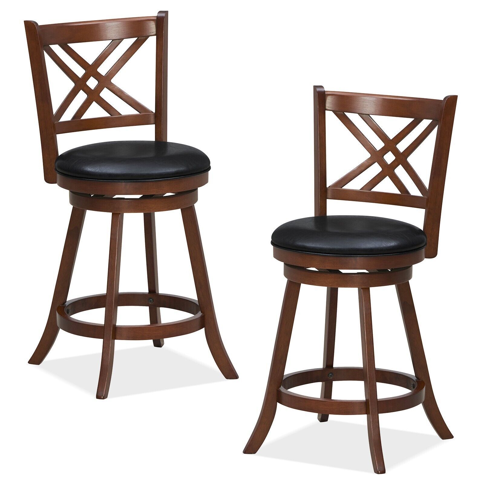 Costway Set of 2 Bar Stools Counter Height Chair Pub 360 Swiveling Upholstered Seat 24" in Brown