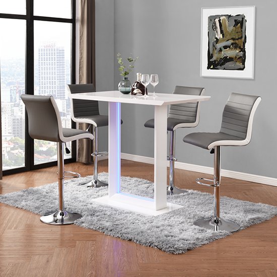 Atlantis LED White Gloss Bar Table And 4 Ritz Grey White Stools