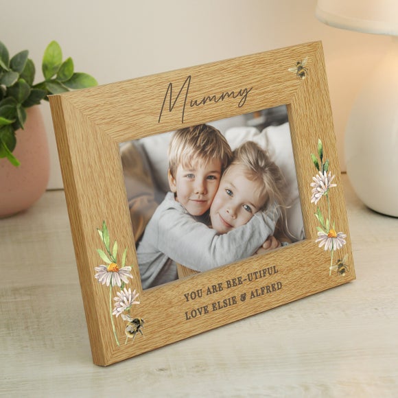 Personalised Floral Bee Oak Finish Photo Frame