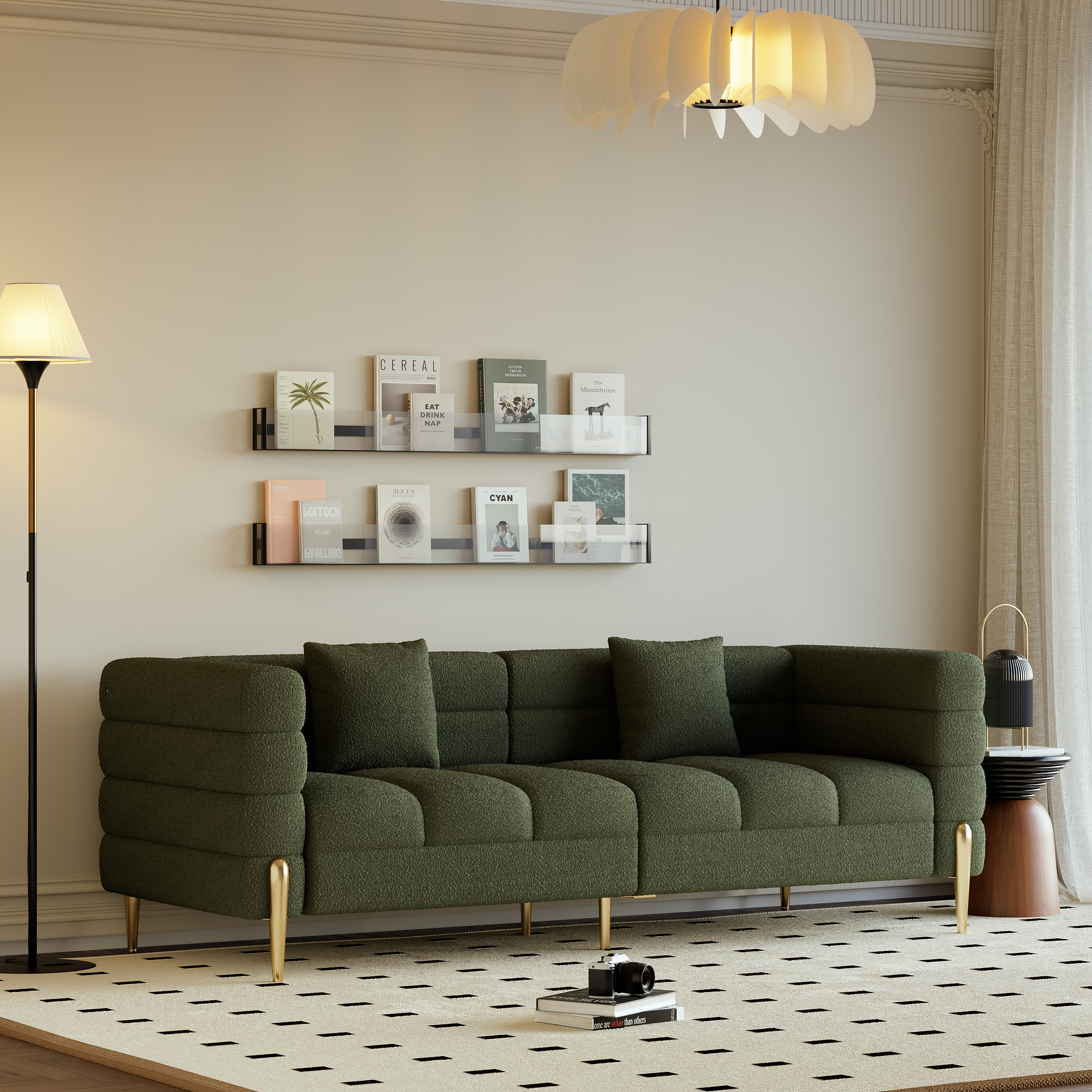 200 cm Modern Green Boucle Upholstered Fluted 3 Seater Sofa for Living Room with pillow