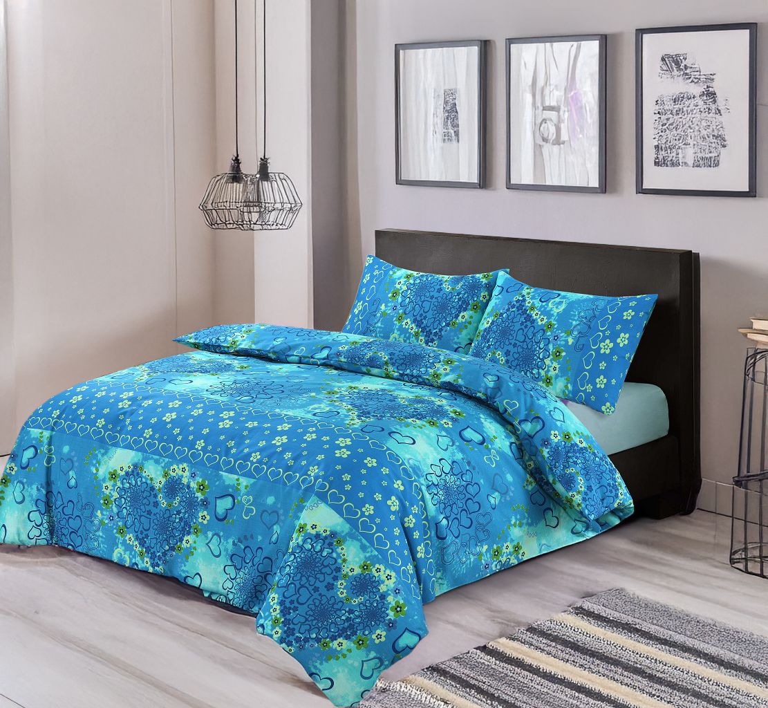 Snug City Duvet Cover & Pillowcase Set Love Heart Design Polycotton Bed Linen in Teal