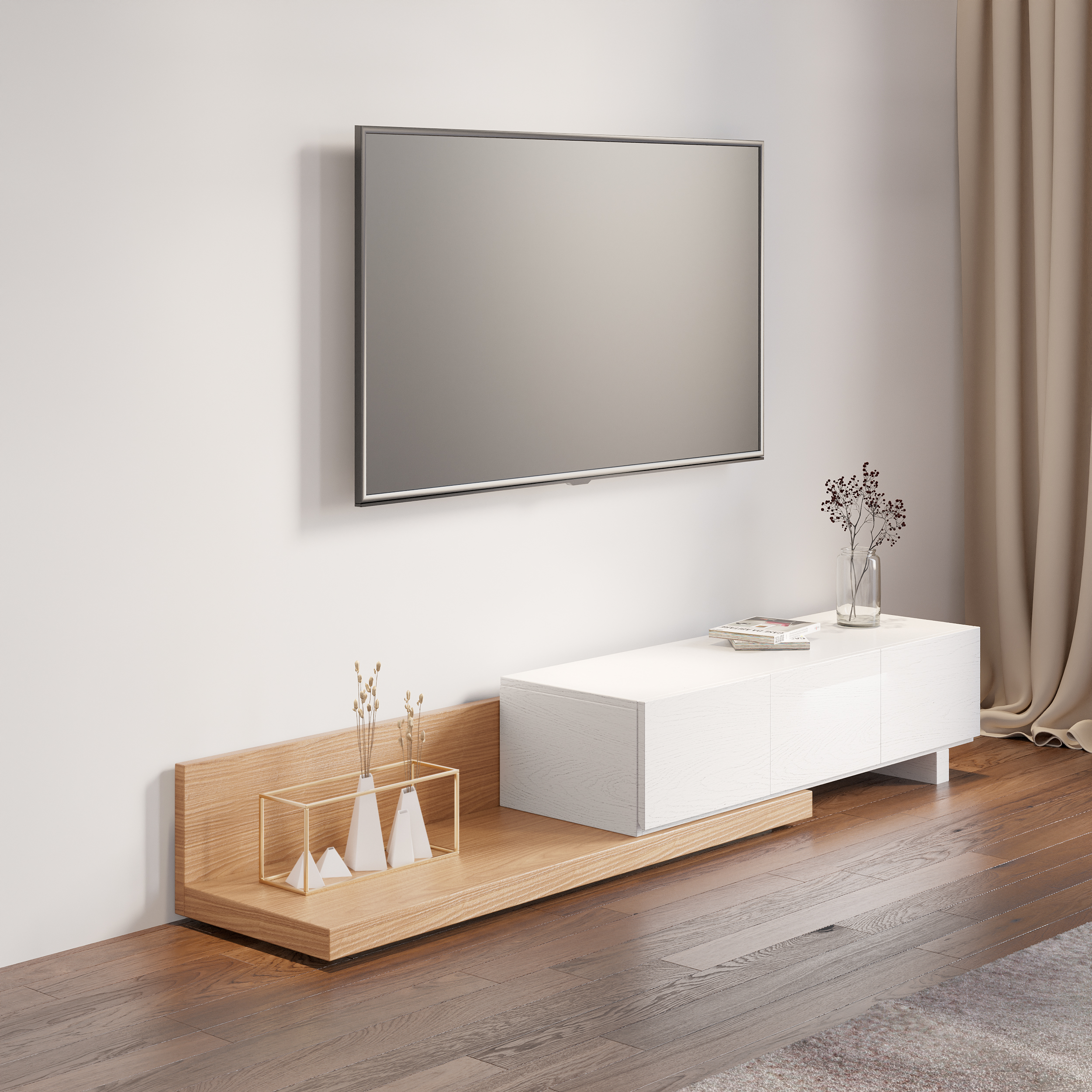 Rectangle Wood Extendable TV Stand Natural & White Floor Media Console with 3 Drawers