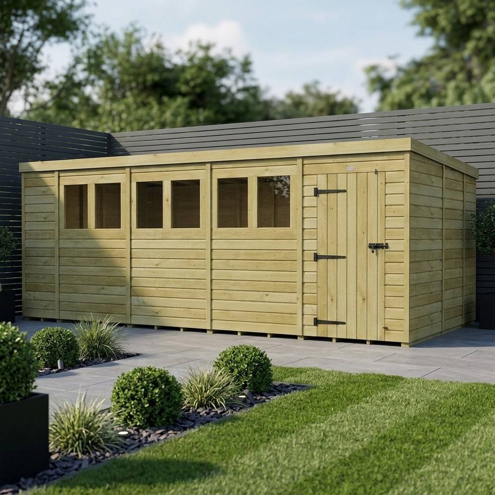 Buttercup Farm 18ft x 9ft Pent Garden Shed Single Door With Windows - Timber in Brown 2