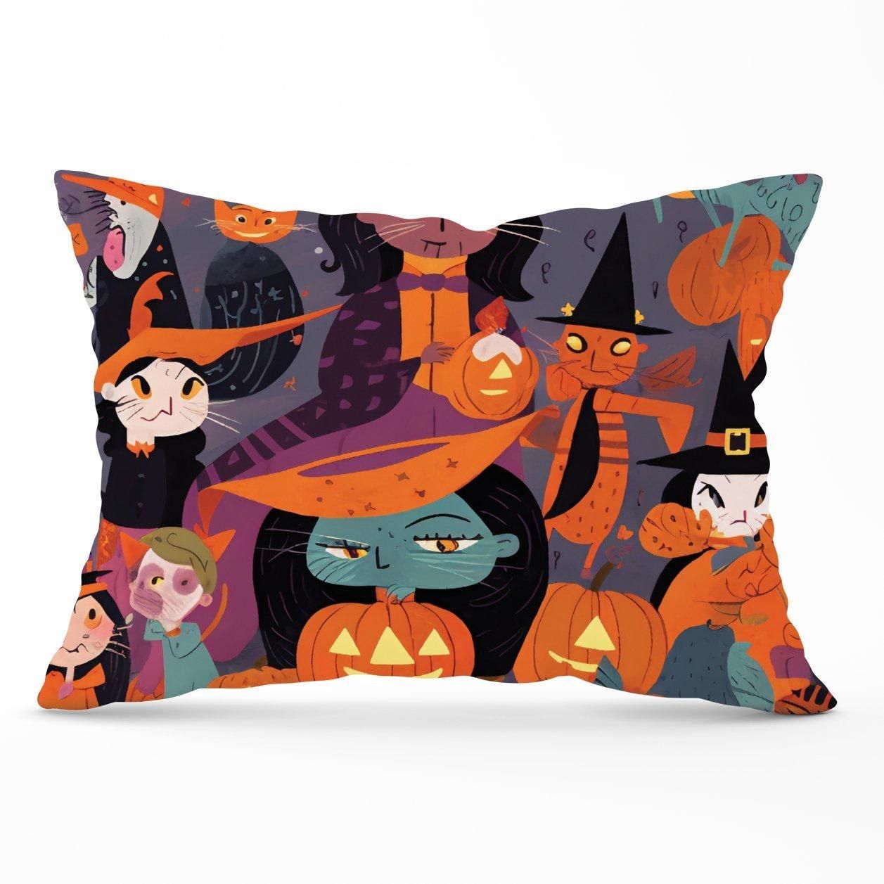 Warren Reed - Designer A Vibrant Illustration Of Witches & Pumpkin Cushions in Orange