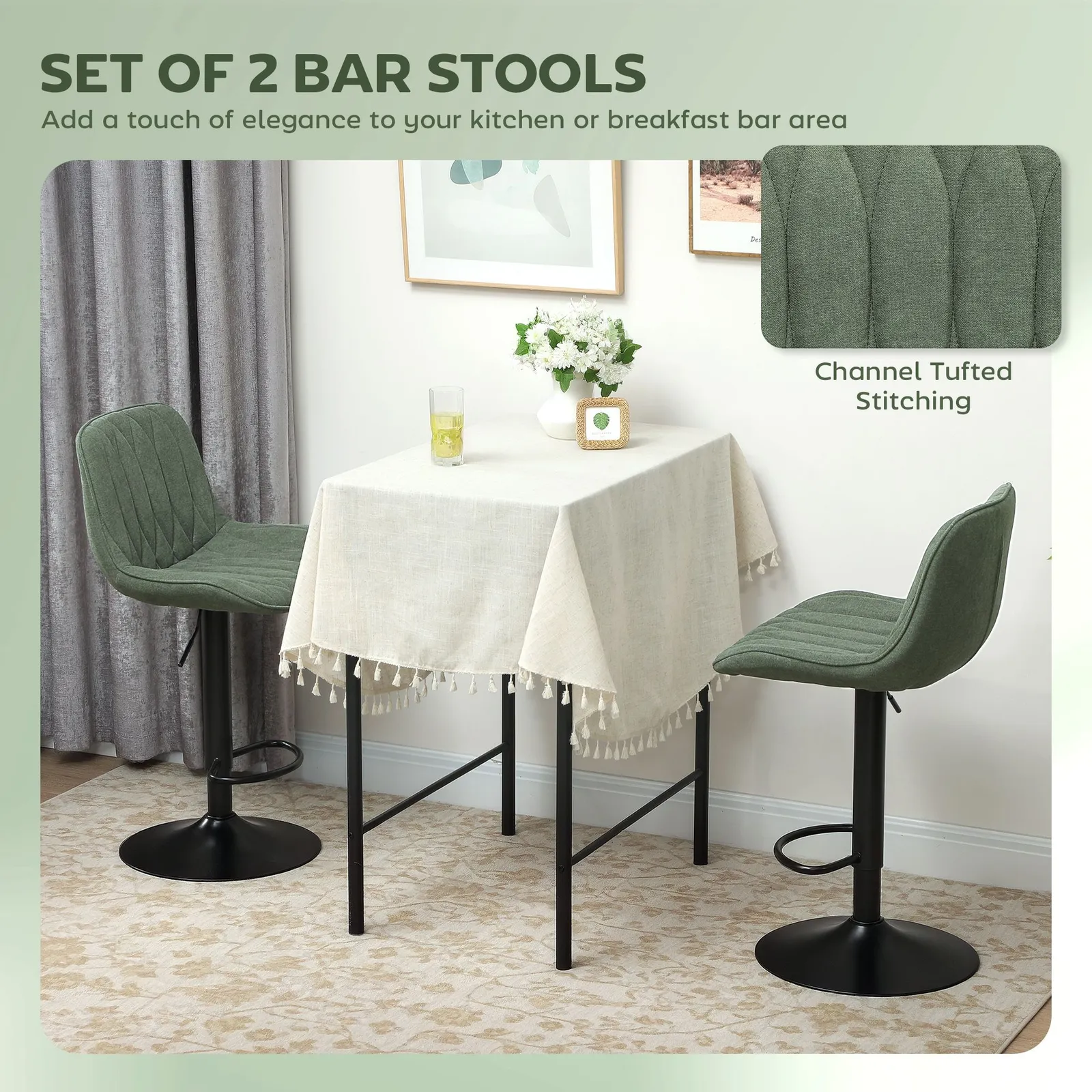 HOMCOM Bar Stools Set of 2, Modern Armless Bar Chairs in Green 4