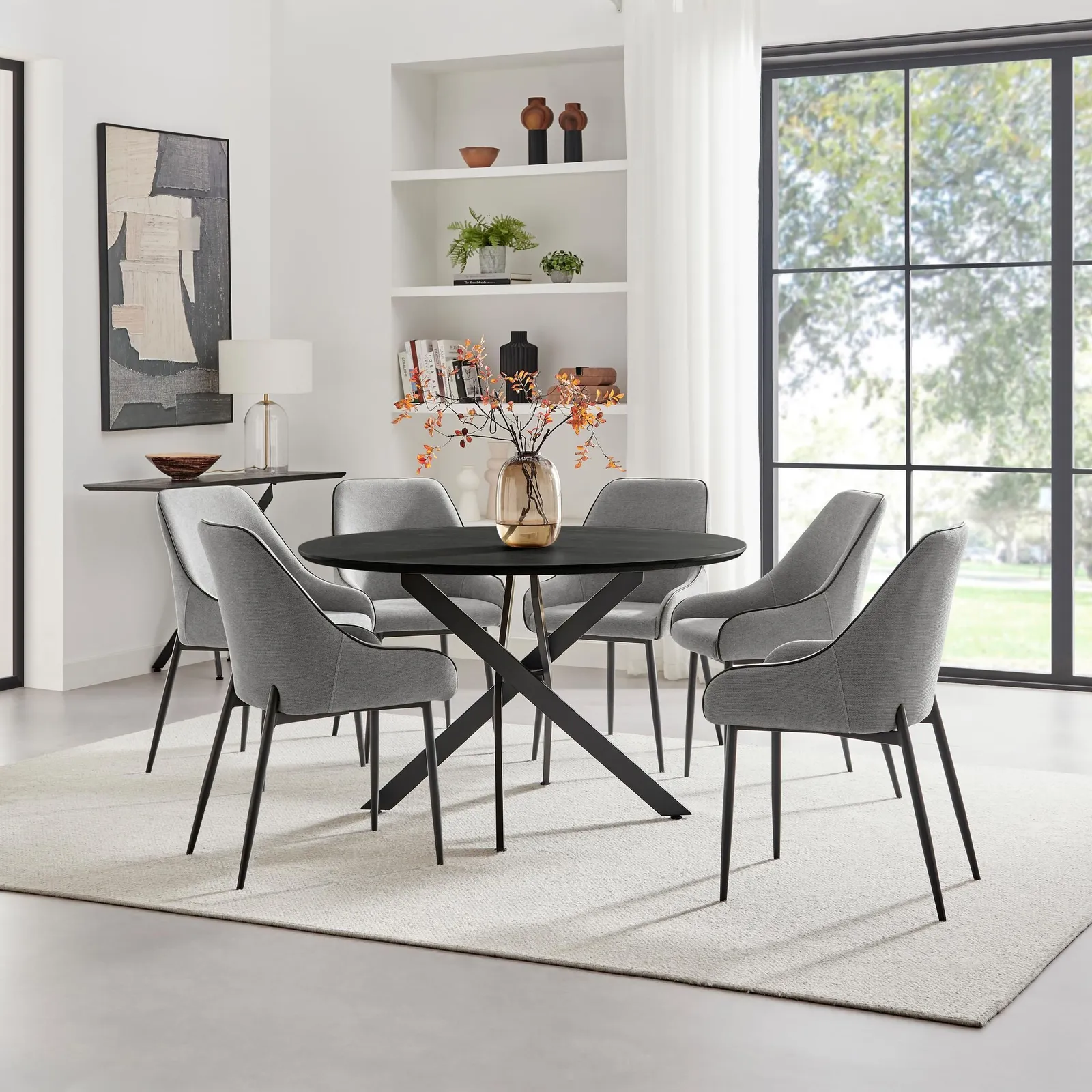 FurnitureboxUK Novara Black Top Dining Table & 6 Beaumont Fabric Chairs in Grey